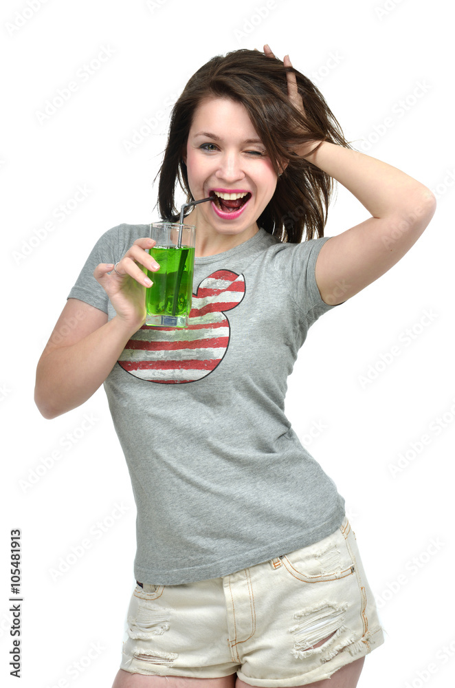 Beautiful Healthy lifestyle brunette woman drink green juice coc Beautiful Healthy lifestyle brunette woman drink green juice coc
