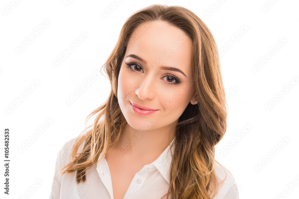 Portrait of attractive young smiling businesswoman on white back Portrait of attractive young smiling businesswoman on white back