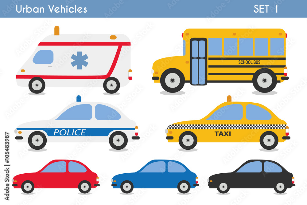 Set of urban vehicles: cars, ambulance, taxi, school bus and pol