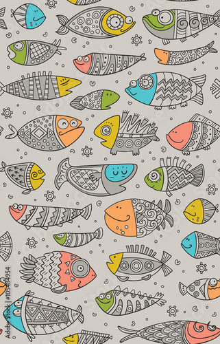 Sea seamless pattern with decorative fish in childish style