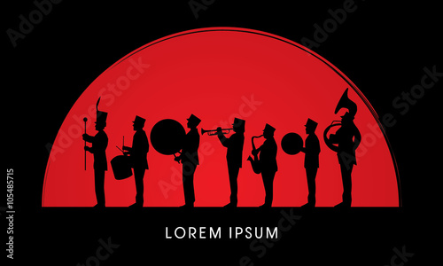 Silhouette Marching Band, parade, on sun rise background ,graphic vector.