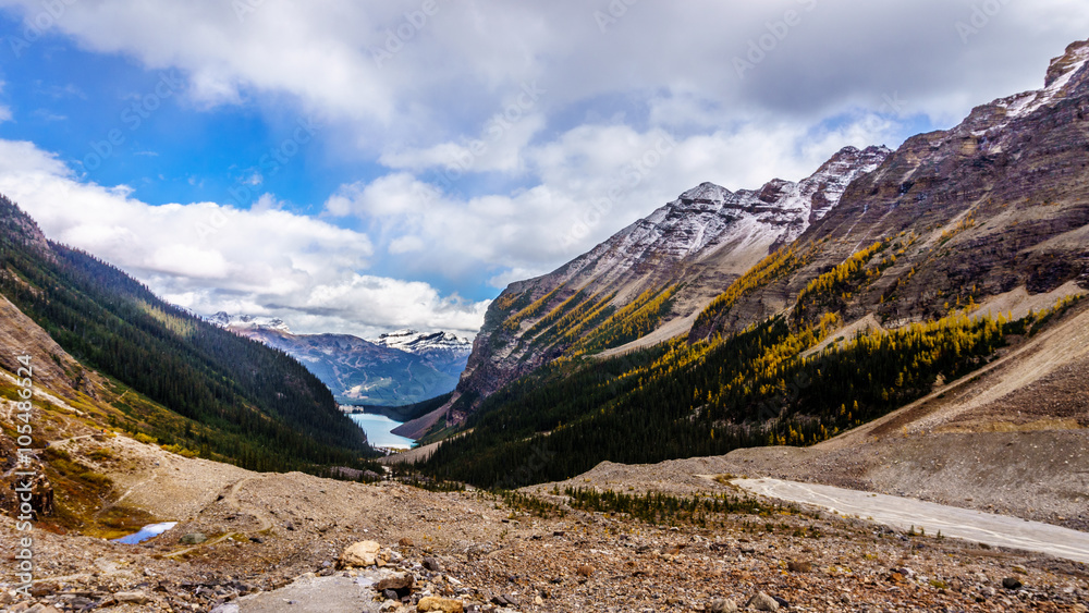 View of Lake Louise from the hiking trail to the Plain of Six Glaciers in Banff National Park in the Rocky Mountains View of Lake Louise from the hiking trail to the Plain of Six Glaciers in Banff National Park in the Rocky Mountains