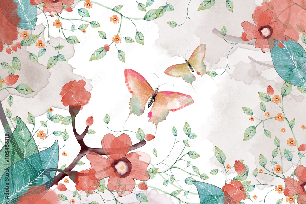 Obraz Kreatywna ilustracja i innowacyjna sztuka: motyl, kwiat i liście. Realistyczne fantastyczne grafiki w stylu kreskówek sceny, tapety, tło historia, projekt karty