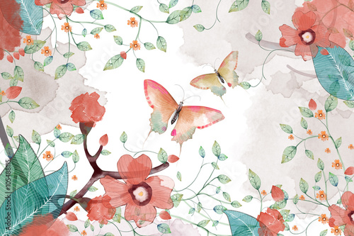 Obraz na płótnie Kreatywna ilustracja i innowacyjna sztuka: motyl, kwiat i liście. Realistyczne fantastyczne grafiki w stylu kreskówek sceny, tapety, tło historia, projekt karty