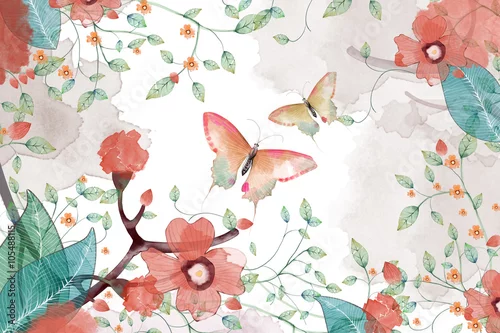 Obraz Creative Illustration and Innovative Art: Butterfly, Flower and Leaves. Realistic Fantastic Cartoon Style Artwork Scene, Wallpaper, Story Background, Card Design
