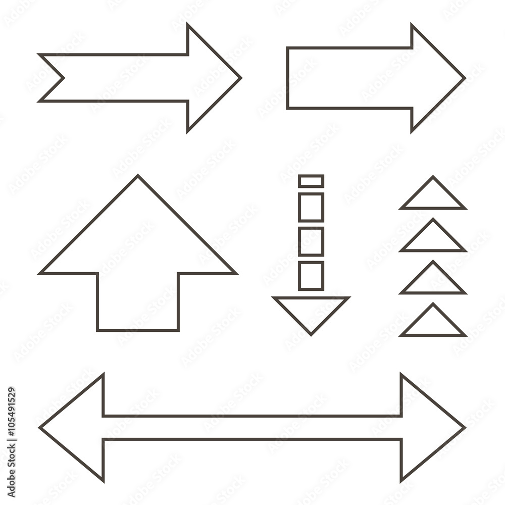 Monochrome outline arrows set isolated on white background.
