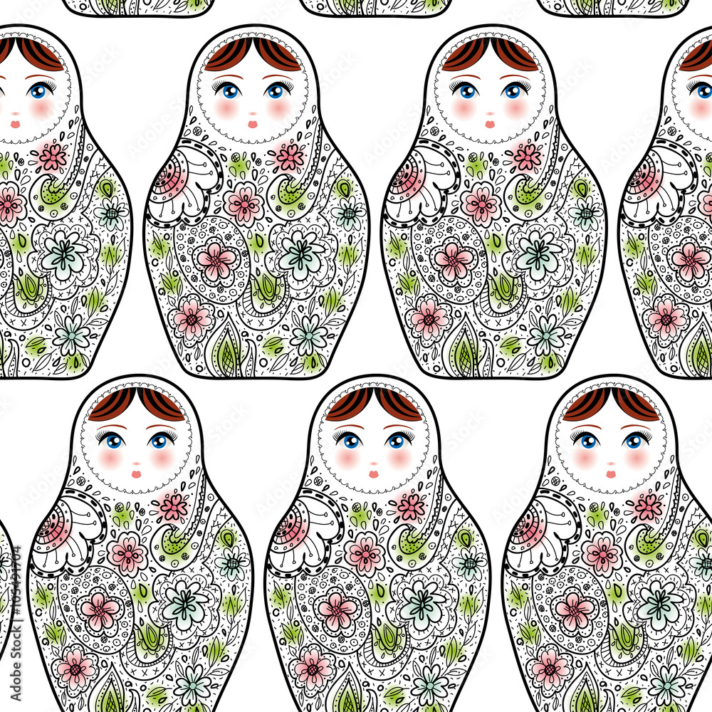 Pattern with the Russian dolls matrioshka Babushka on sketch white background. Pattern with the Russian dolls matrioshka Babushka on sketch white background.