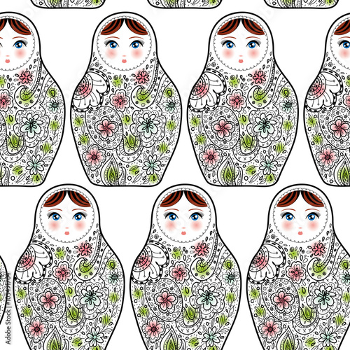 Pattern with the Russian dolls matrioshka Babushka on sketch white background.