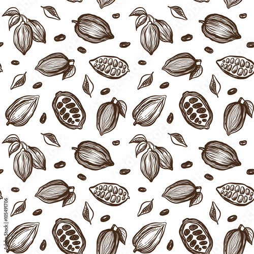 Seamless pattern with sketch cocoa beans