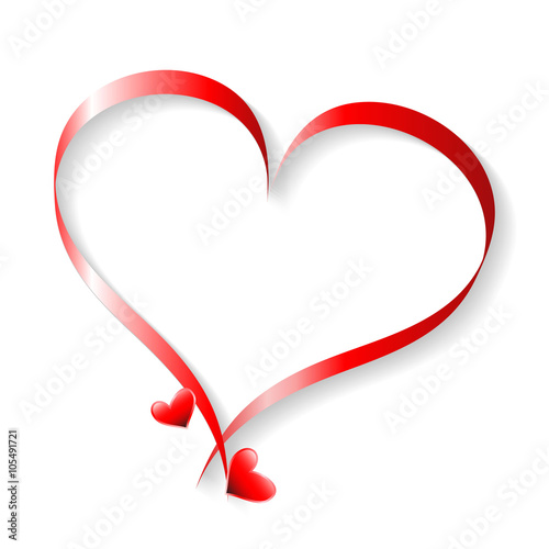 Red satin glossy ribbon heart over white