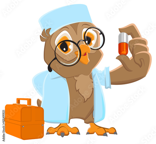 Owl doctor holding pill. Owl Ambulance in white coat