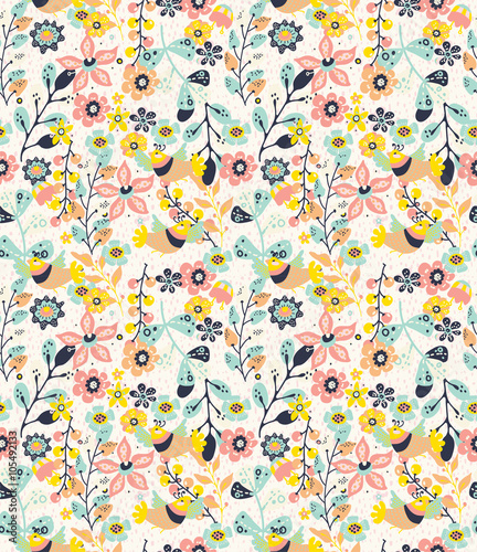 Colorful natural seamless background with flowers and birds