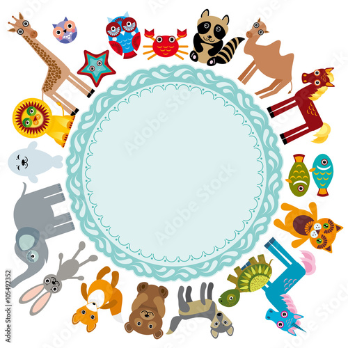 Set of funny cartoon animals character on a white background walking around globe. frame for your text. zoo.