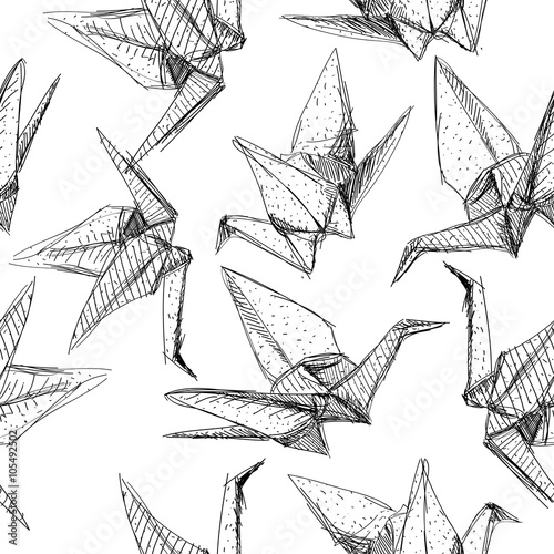 Origami paper cranes set sketch seamless pattern. black line