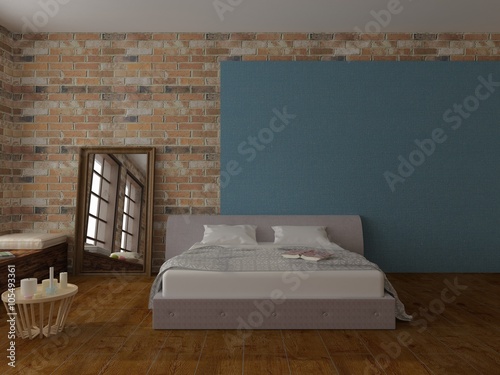 Render of bed in light empty room with brickwalls and hardwood floor, with blue decoration, mirror, windows and pillows photo