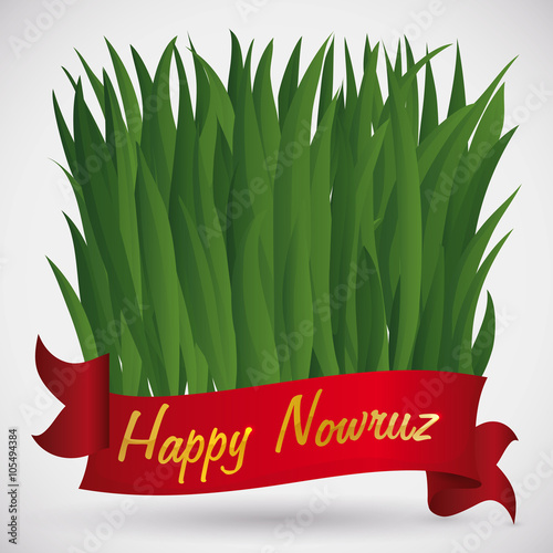 Sabzeh for Nowruz with a Red Ribbon and Golden Greeting, Vector Illustration photo