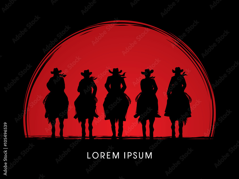 Silhouette, Cowboy Gangs on horse, designed on sunset or sunrise background graphic vector.