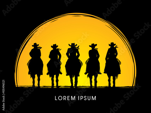 Silhouette, Cowboy Gangs on horse, designed on moonlight background graphic vector.