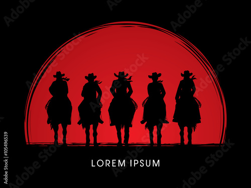 Silhouette, Cowboy Gangs on horse, designed on sunset or sunrise background graphic vector.