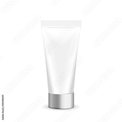 Make up. Tube of cream or gel white plastic product. Container, product and packaging. White background.
