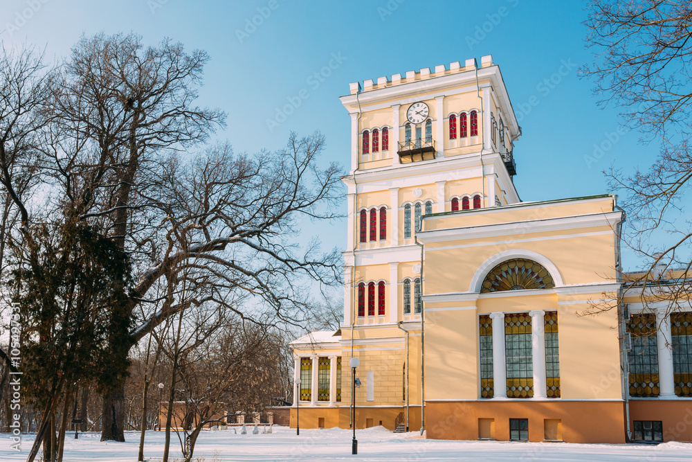 Rumyantsev-Paskevich Palace in snowy winter city park in Gomel, 