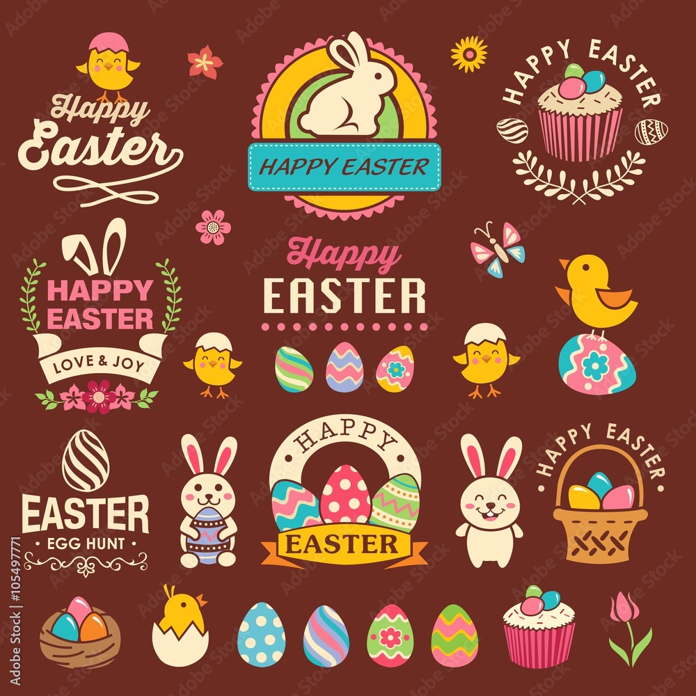 Happy easter design with labels, icons and decorative elements collection Happy easter design with labels, icons and decorative elements collection