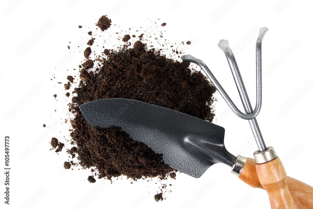 Garden tools with wooden handle in the pile of earth on a white isolated background Garden tools with wooden handle in the pile of earth on a white isolated background