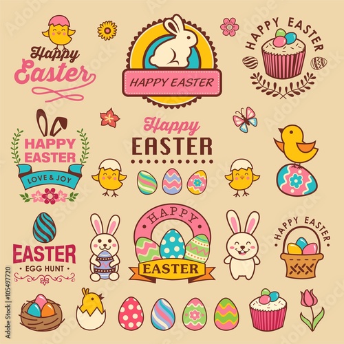 Happy easter design with labels, icons and decorative elements collection
