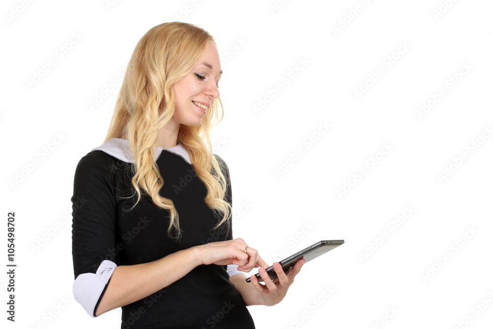 girl in black dress holding a tablet isolated on a white background girl in black dress holding a tablet isolated on a white background