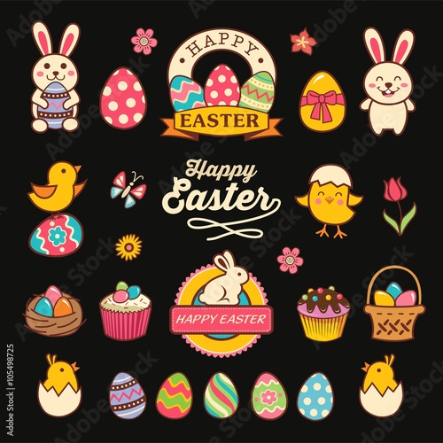 Happy easter design with labels, icons and decorative elements collection