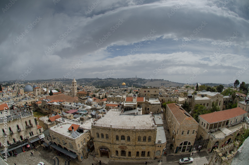 Old Jerusalem under rainy heaven