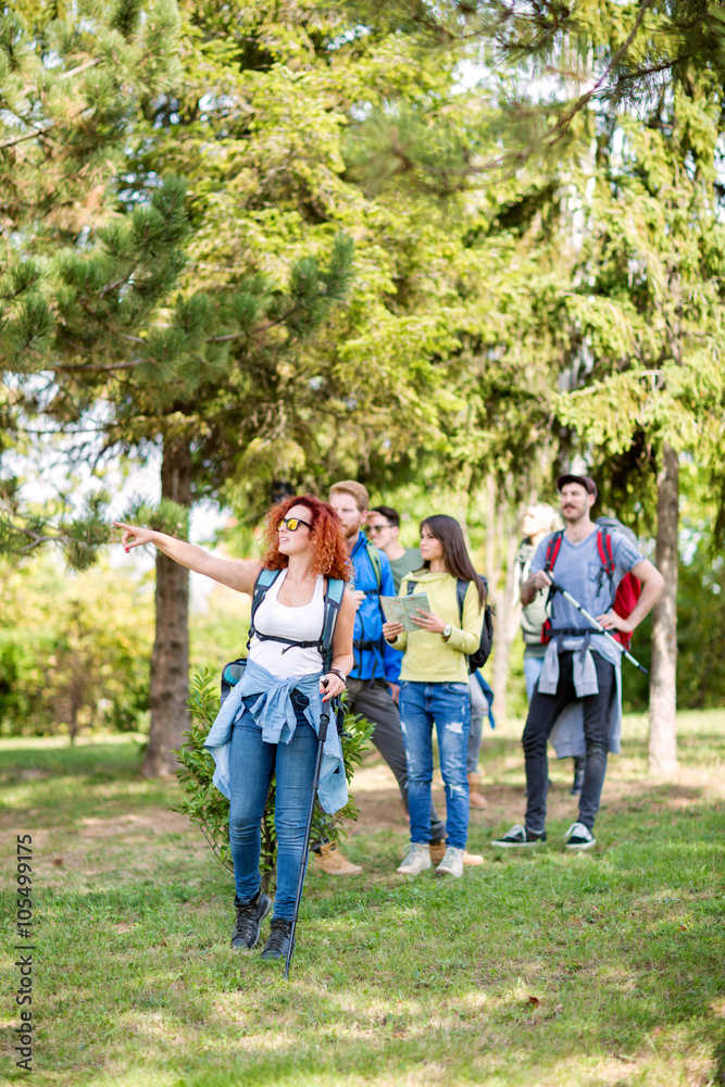 Obraz premium Group of hikers get hold something interesting