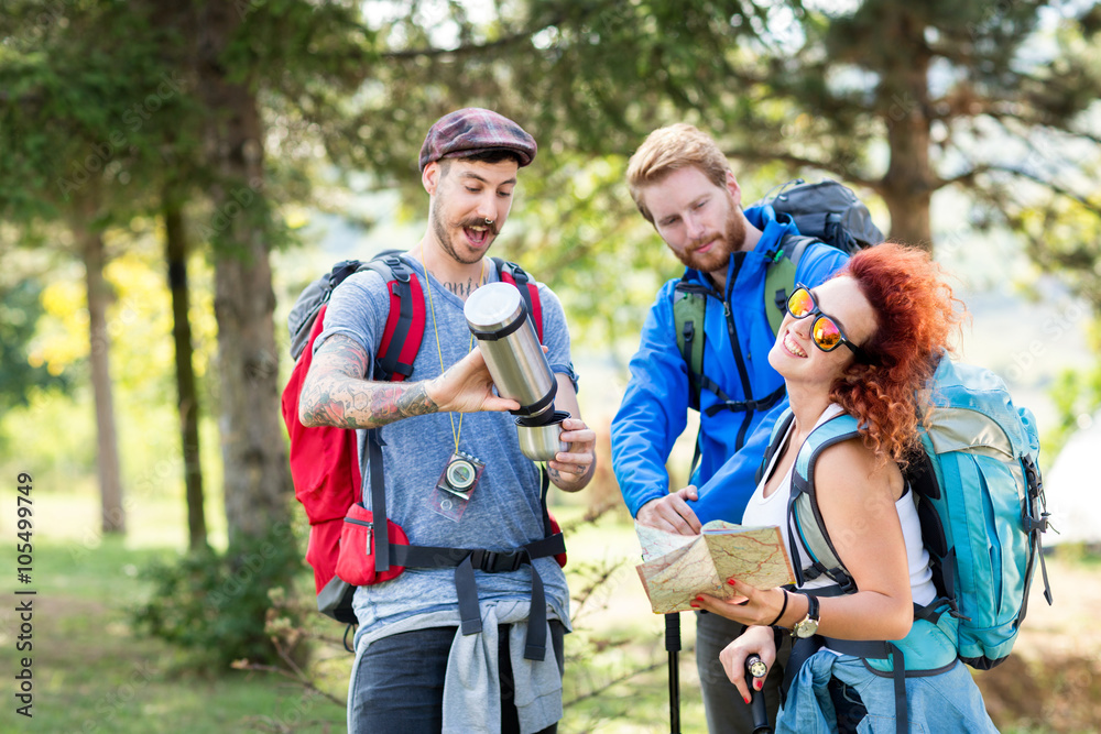 Group of mountaineers in forest . Group of mountaineers in forest .