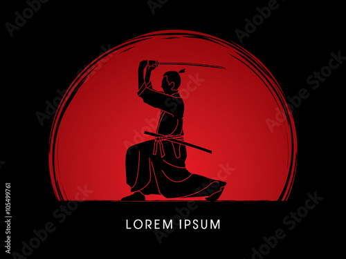 Samurai with katana sword, Aikido action, designed on grunge sunset background graphic vector.