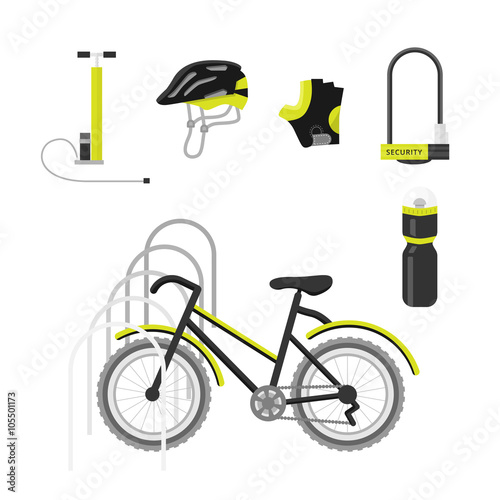 Bicycle equipment icon vector set. Bike and glove, sunglasses  and uniform cyclist illustration. black bike equipment icon for sport