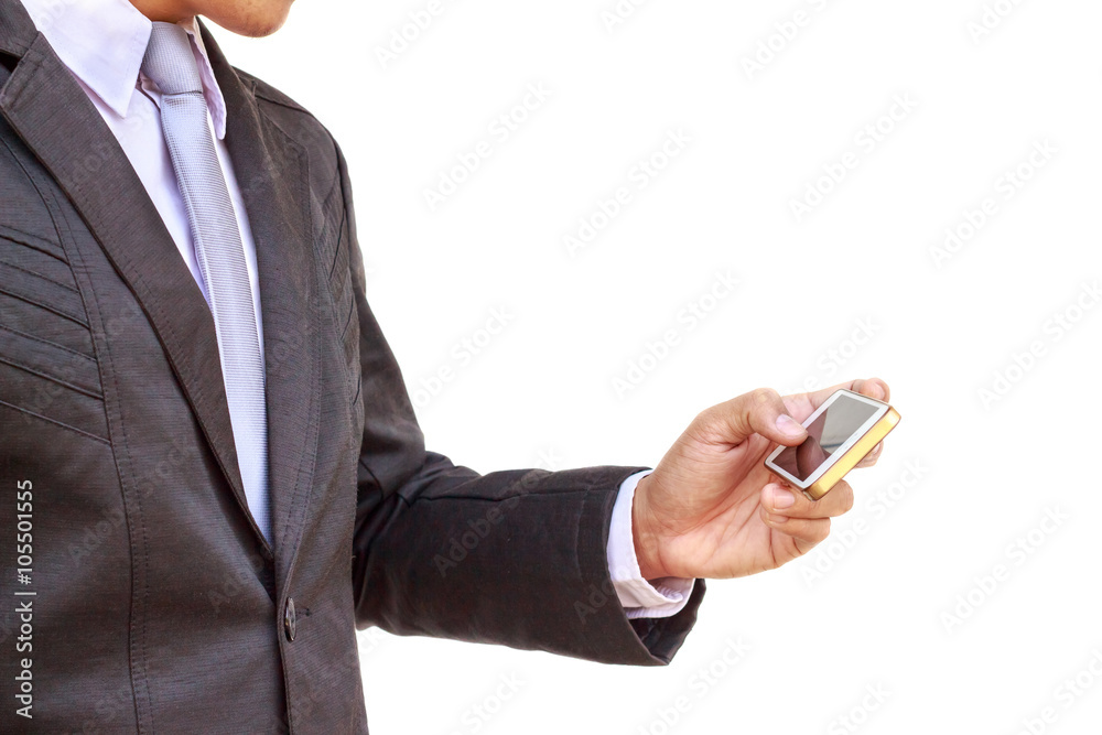 Businessman in black suit typing on smartphone screen Businessman in black suit typing on smartphone screen