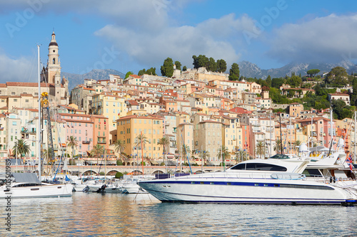 Menton, old city and harbor view in a sunny day, French riviera