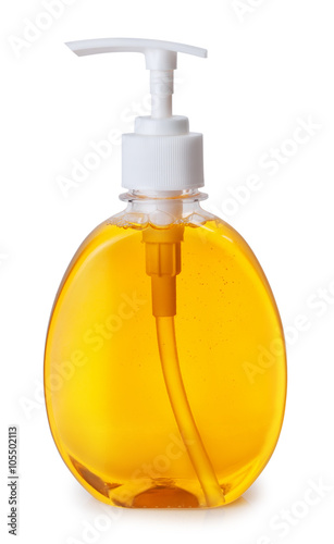 Vászonkép Plastic bottle with liquid soap isolated on white background