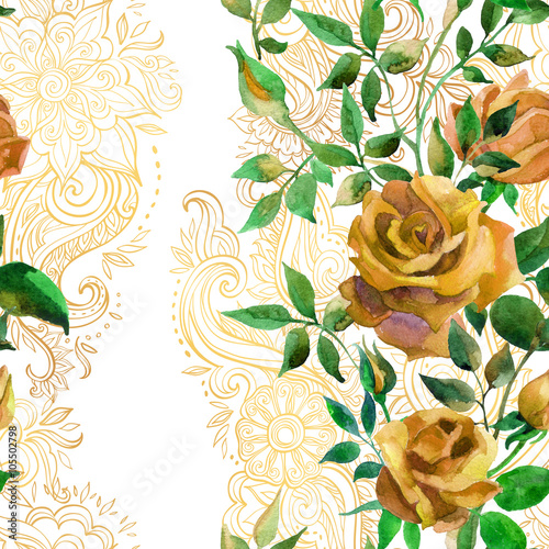 Yellow roses on golden ornament. Seamless pattern