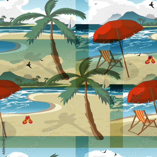 Sea summer beach, sun umbrellas, beach beds seamless pattern bac