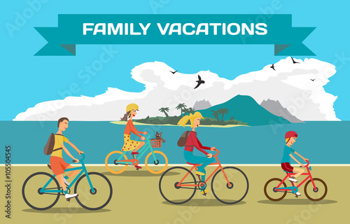 Family ride the bike on the beach. Healthy leisure and freedom r