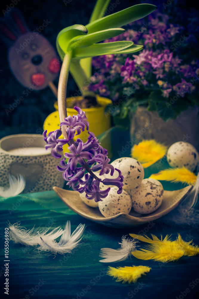 Easter composition hyacinth Easter eggs feathers
