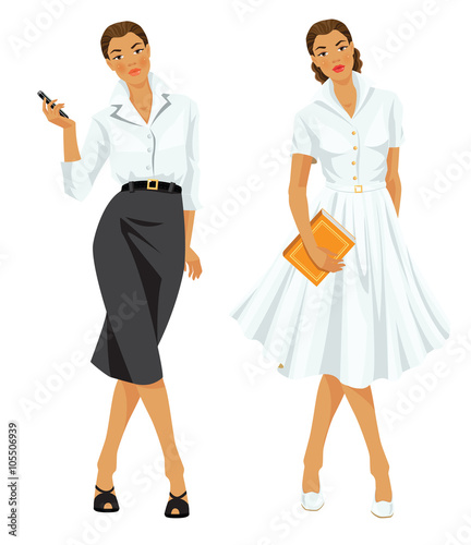 Vector illustration of woman worker in formal clothes and woman on holiday in elegant white dress. 