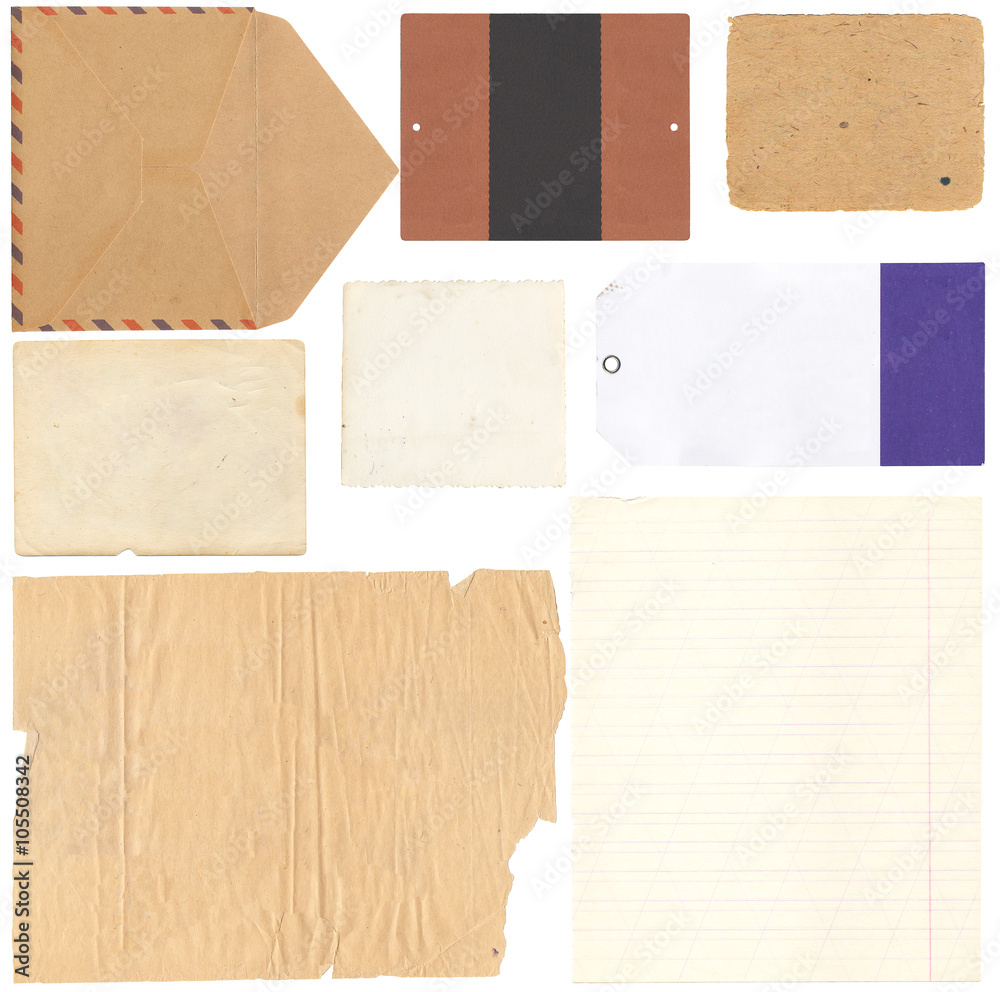 Set of old paper sheets, envelope, card isolated on white background