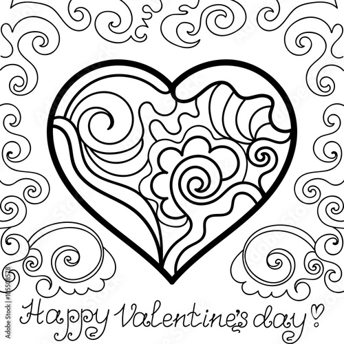 Abstract vector figured Valentines lacy heart with doodle ornament and words "Happy Valentine's day!"