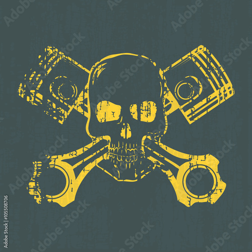 Skull and Pistons. t-shirt graphic. Vector