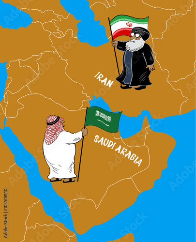 Iranian and Saudi Arab stand on the map of the Middle East.
