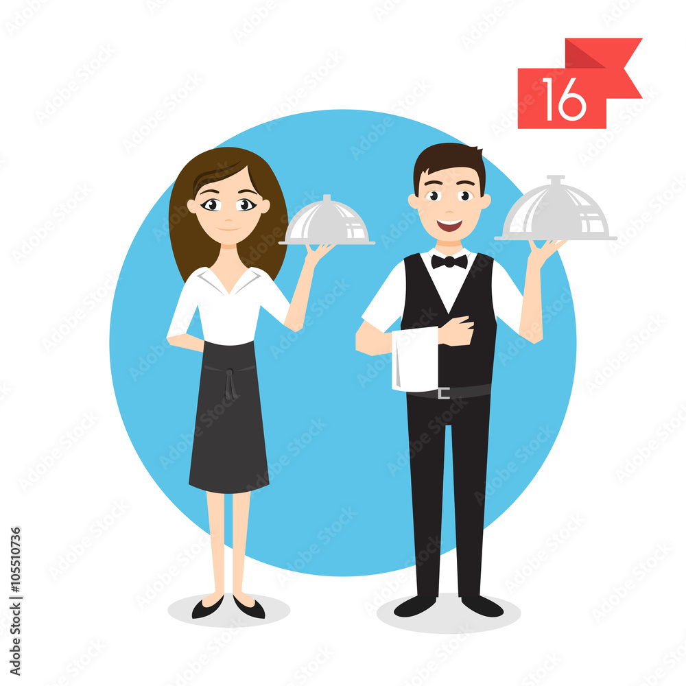 Vector profession characters: man and woman. Waiter. Vector profession characters: man and woman. Waiter.