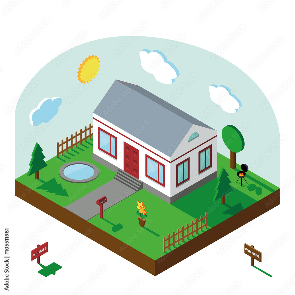 Isometric house.3D Village landscape,summer yard,sky Isometric house.3D Village landscape,summer yard,sky