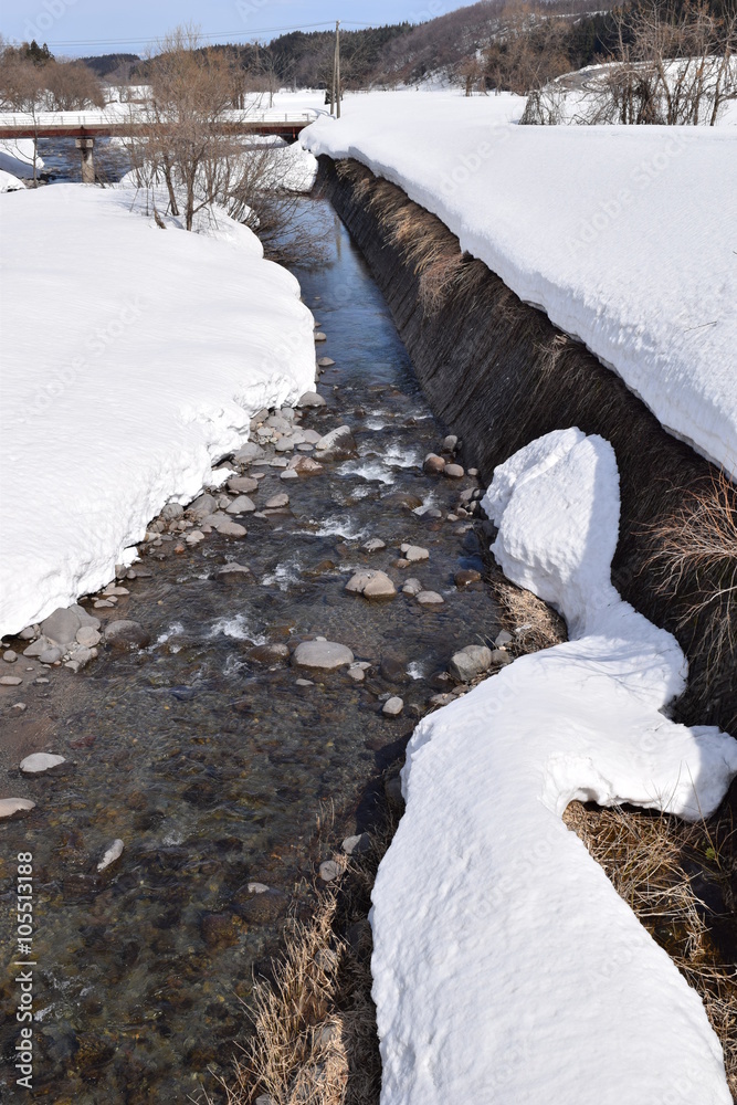 小川の雪溶け 冬は長い期間 鉛色の雲に被われる雪国の山形県ですが 春が近くなると雪が溶け始めます 小川の雪溶け水がせせらぐ風景を撮影した 春の息吹を感じる早春イメージの写真です Stock Photo Adobe Stock